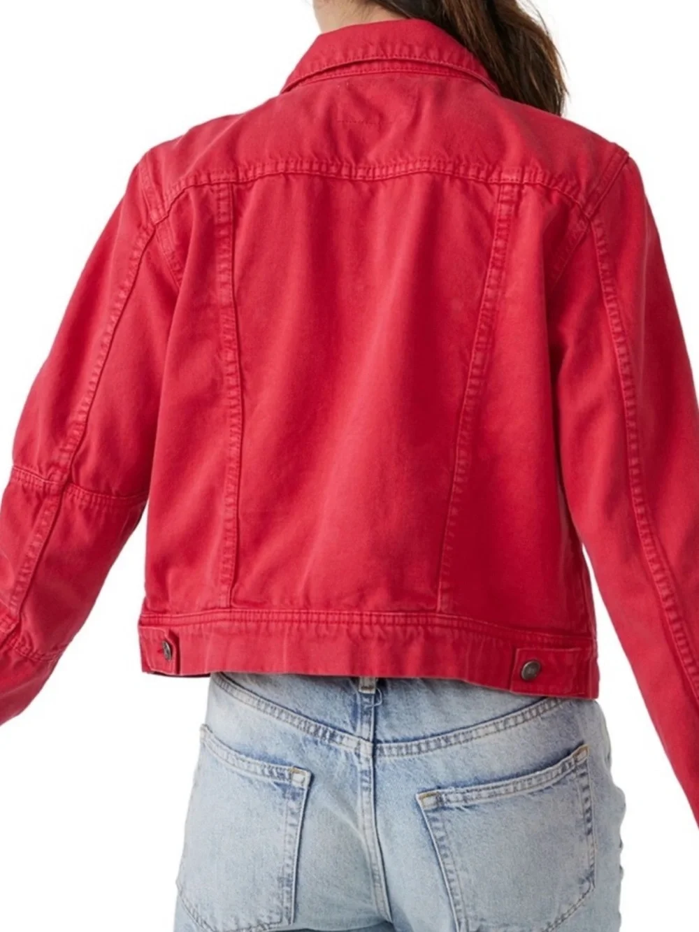 Free People / We The Free Red Denim Trucker Jacket Size XL - Picture 8 of 11